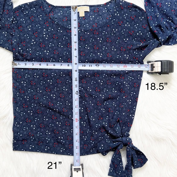 Michael Kors Heart Print Tie Waist 3/4 Bell Sleeve Navy Blue Red Peasant Top S - Picture 9 of 9
